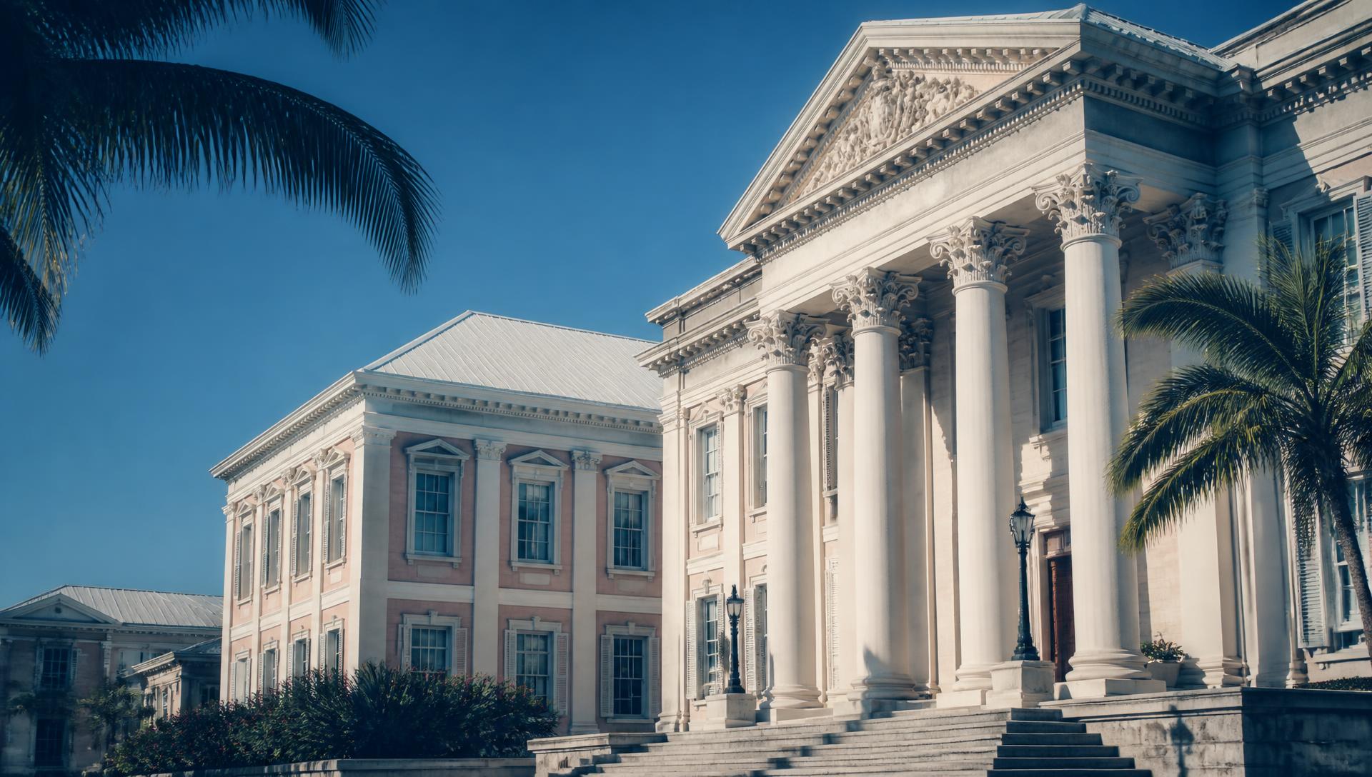 Colonial courthouse architecture framed by palms in Nassau, Bahamas